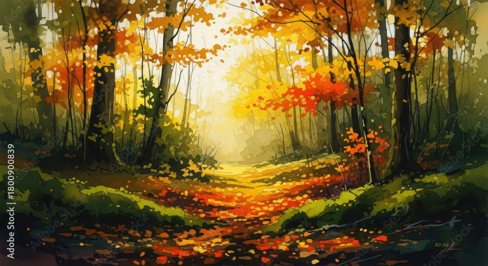Fototapeta premium Impressionistic Autumn Forest Watercolor Painting with Vibrant Hues of Orange, Yellow, and Green, Capturing the Essence of the Season's Beauty and Serene Atmosphere