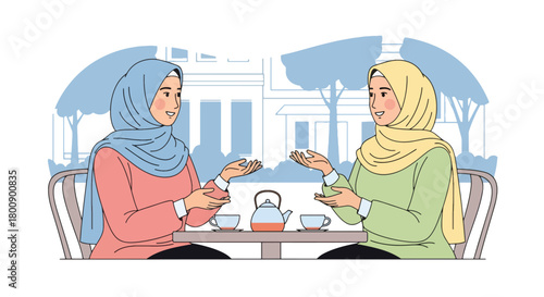 Flat vector Muslim women wearing hijabs chatting at an outdoor café. Solid color palette, no gradients, modern Islamic social lifestyle and sisterhood theme