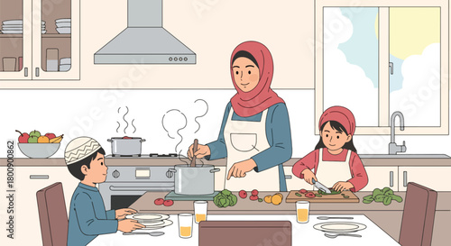 Flat vector Islamic family cooking together in modern kitchen, preparing traditional dishes. Solid warm colors, no gradients, cultural home lifestyle illustration