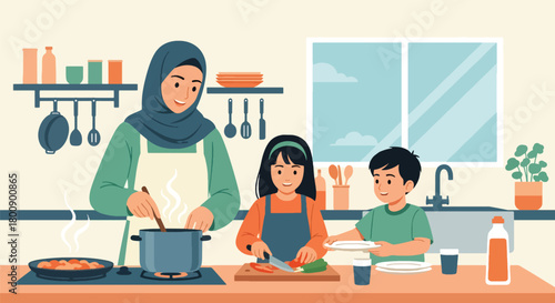Flat vector Islamic family cooking together in modern kitchen, preparing traditional dishes. Solid warm colors, no gradients, cultural home lifestyle illustration