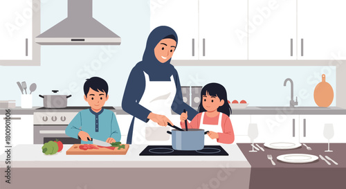 Flat vector Islamic family cooking together in modern kitchen, preparing traditional dishes. Solid warm colors, no gradients, cultural home lifestyle illustration