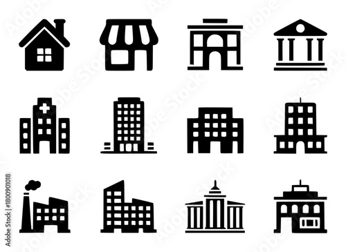 Collection of Black and White Building Icons