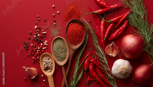 Colorful array of spices, herbs, and vegetables on a vibrant red background