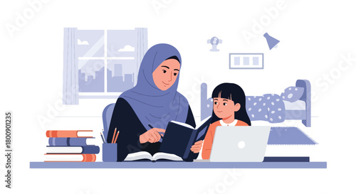 Flat vector Muslim mother in hijab tutoring daughter at desk with books and laptop. Solid tones, no gradients, Islamic family education and supportive parenting lifestyle