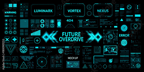 Futuristic digital interface with neon blue graphics and data displays on a black background