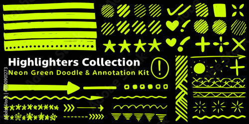 Neon green hand drawn highlighter doodles and annotation elements collection on black background