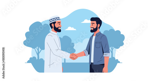 Flat vector Muslim men greeting each other with warm handshake outdoors. Solid tones, no gradients, Islamic friendship and community lifestyle theme