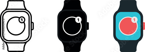 Smartwatch with notification icon design showing different styles and variations for mobile app development