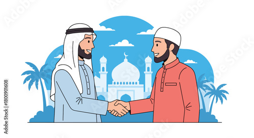 Flat vector Muslim men greeting each other with warm handshake outdoors. Solid tones, no gradients, Islamic friendship and community lifestyle theme