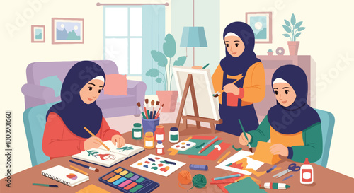 Flat vector Muslim girls in hijab drawing and painting together with colorful art supplies. Solid tones, no gradients, Islamic family creativity lifestyle scene