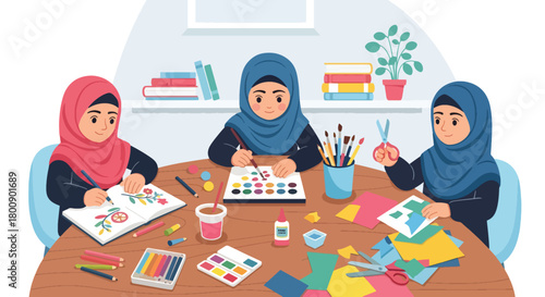 Flat vector Muslim girls in hijab drawing and painting together with colorful art supplies. Solid tones, no gradients, Islamic family creativity lifestyle scene