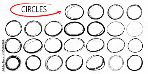Collection of hand drawn sketchy circles and ovals with a red arrow pointing to the word circles
