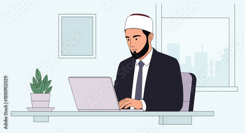 Flat vector Muslim man in kufi hat working on laptop at desk with modern office items. Solid tones, no gradients, Islamic professional lifestyle theme