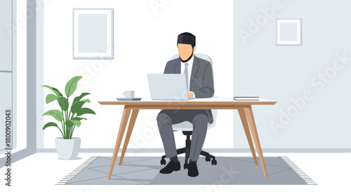 Flat vector Muslim man in kufi hat working on laptop at desk with modern office items. Solid tones, no gradients, Islamic professional lifestyle theme