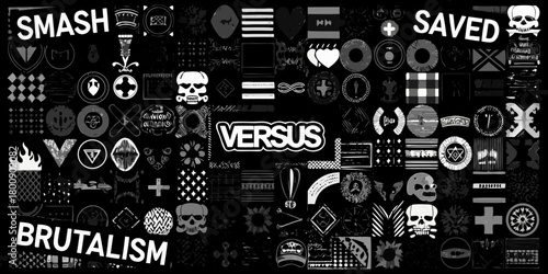 Brutalism versus smash saved collage of grunge icons and symbols on black background