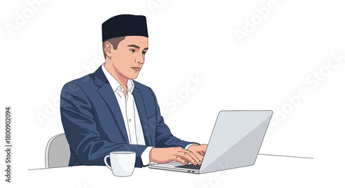 Flat vector Muslim man in kufi hat working on laptop at desk with modern office items. Solid tones, no gradients, Islamic professional lifestyle theme