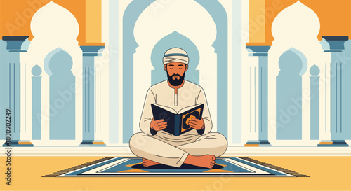 Flat vector Muslim man sitting with Quran inside mosque near pillars and arches. Solid soft tones, no gradients, peaceful Islamic worship lifestyle illustration