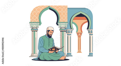 Flat vector Muslim man sitting with Quran inside mosque near pillars and arches. Solid soft tones, no gradients, peaceful Islamic worship lifestyle illustration