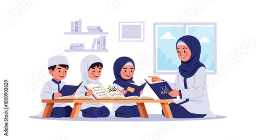 Flat vector Islamic school classroom with children studying letters and verses with teacher. Solid bright colors, no gradients, educational Muslim lifestyle scene