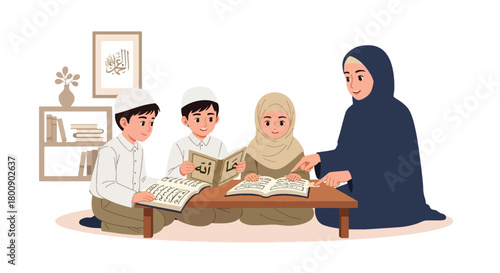 Flat vector Islamic school classroom with children studying letters and verses with teacher. Solid bright colors, no gradients, educational Muslim lifestyle scene