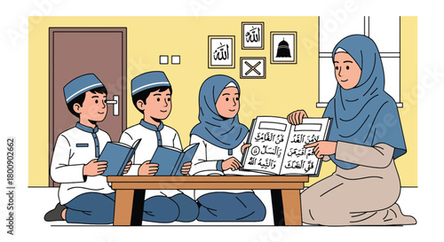 Flat vector Islamic school classroom with children studying letters and verses with teacher. Solid bright colors, no gradients, educational Muslim lifestyle scene