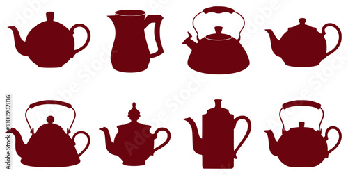 Collection of Eight Diverse Maroon Teapot Silhouettes on White Background