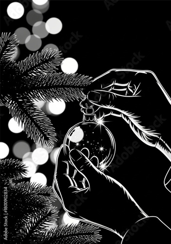 Monochrome line art illustration of hands hanging a Christmas ornament.