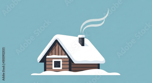 Winter cabin scene with snow covered roof and smoking chimney in a flat vector illustration design art 100