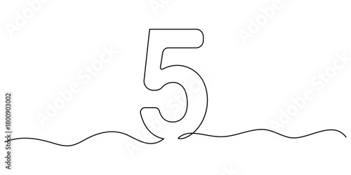 Number five continuous one line drawing of number 5.  One line drawing of number five icon.