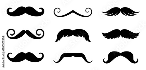 Collection of Nine Different Black Mustache Styles on White Background