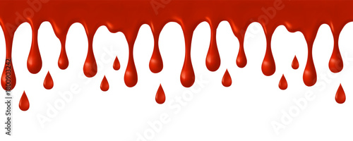 Seamless border of thick red liquid dripping from above Realistic glossy 3D vector varying drop sizes Isolated  pure white Ideal for strawberry jam blood or paint concepts