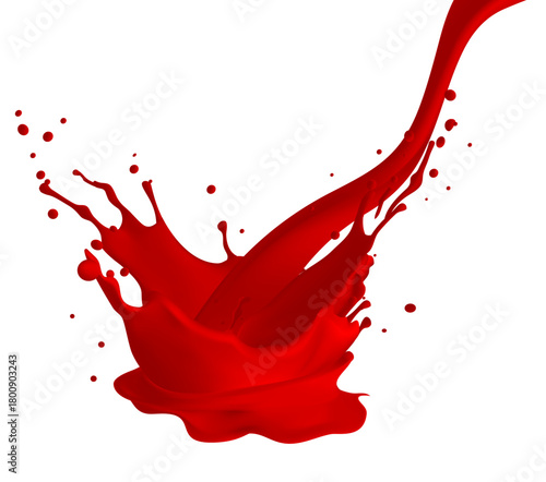 Vibrant red liquid splash captured mid air Dynamic flowing wave with droplets Glossy realistic 3D vector Pure white background Ideal for paint juice blood or cosmetic concepts