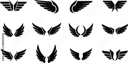 Set of black abstract wings icons, minimalist feather symbol collection for logo, aviation, freedom, angel, tattoo design, vector silhouette illustration pack
