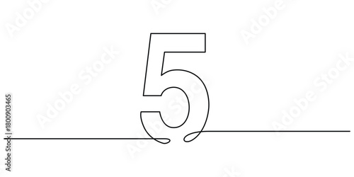 Number five continuous one line drawing of number 5.  One line drawing of number five icon.