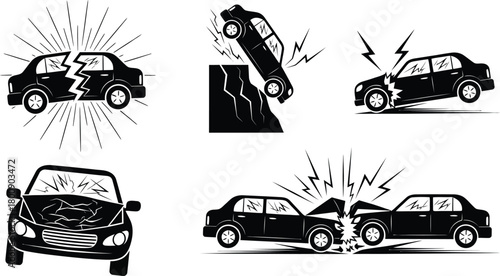 Car Crash and Accident Icons Set with Vehicle Damage on Transparent Background