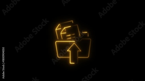 Glowing neon folder and decrement upload information, management, neon app, neon border neon file icon.