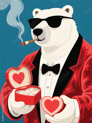 White Bear In Formal Wear with Sunglasses Carrying Gift Illustrator Artwork Design Template Poster