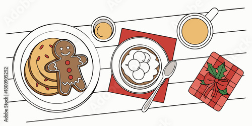 Overhead view of christmas breakfast with gingerbread man cookies and gift on white wooden table top