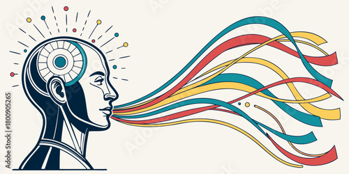 Illustration of a stylized robotic head with colorful streams emanating from the mouth area