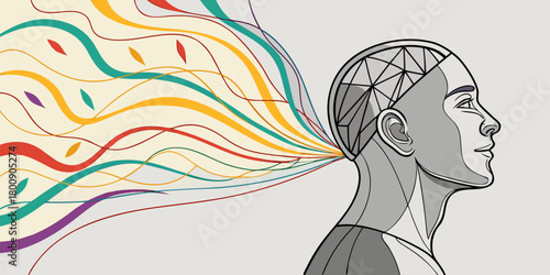 Illustration of a stylized head with colorful lines emanating from the back of the head design