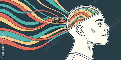 Illustration of a head profile with colorful lines emanating from the open cranium design art