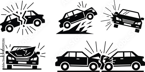 Car Crash Set Icons Auto Collision Symbols in Black Silhouette on Transparent Background