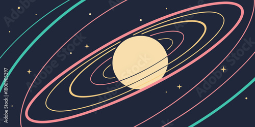 Illustration of a planet with rings surrounded by stars and cosmic lines in a dark space scene