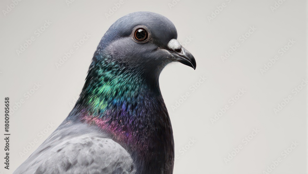Fototapeta premium Close-up of a pigeon with iridescent neck feathers against a white background.