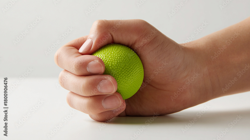 Naklejka premium Squeezing a green stress ball for relaxation and focus