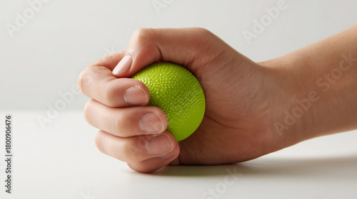 Squeezing a green stress ball for relaxation and focus