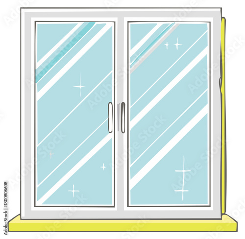 Clean sparkling house window illustration with a bright white frame and yellow windowsill