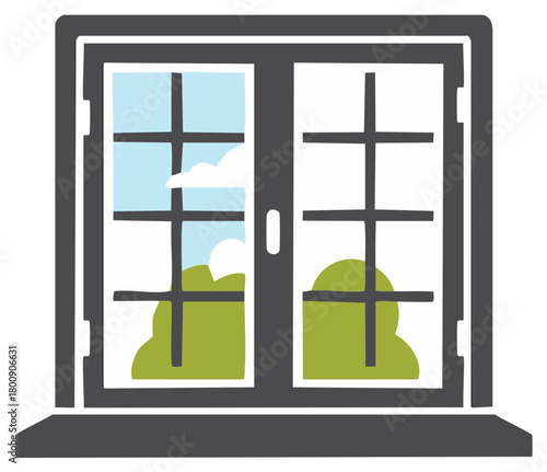 Hand drawn window illustration looking out at a sunny day with blue sky and green bushes