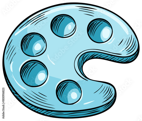 Artistic blue paint palette with six color wells and thumb hole in sketch style