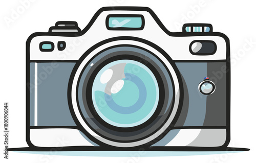 Front view illustration of a modern digital photo camera. Simple cartoon vector graphic icon for photography.
